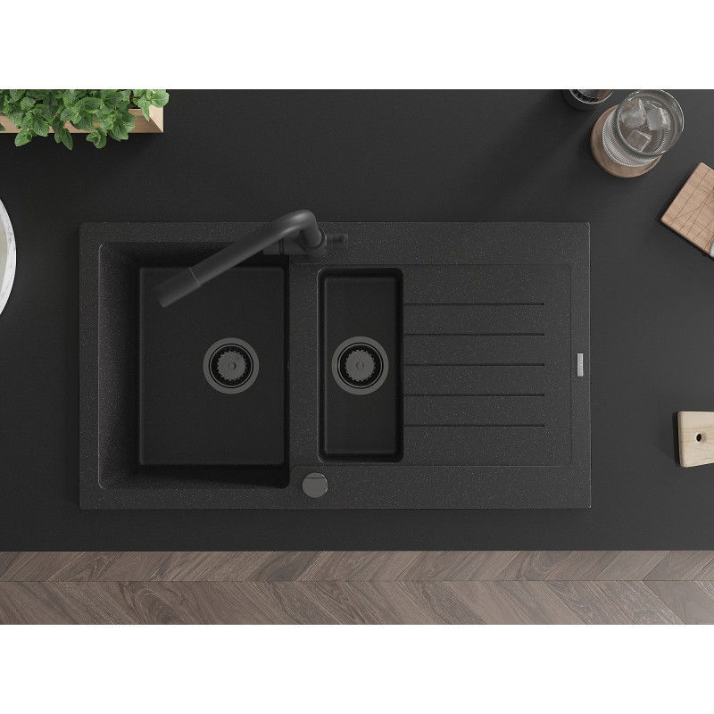 Mexen Matias гранитна мивка с 1,5 камери, с отцедник и кухненски смесител Duero, черен/сребърен - 6502-73-671600-70-B