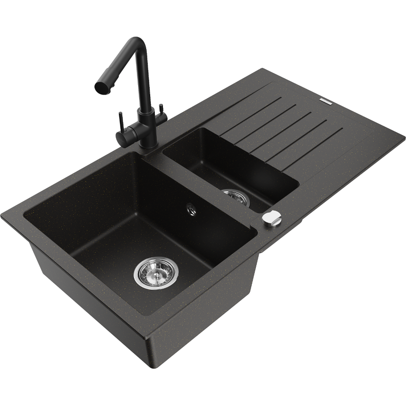 Mexen Matias гранитна мивка с 1,5 камери с отцедник и кухненски смесител Duero,