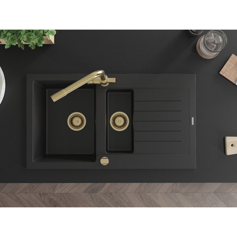 Mexen Matias гранитна мивка 1,5-корпусна с отцедник и кухненски смесител Duero, черен - 6502-77-671600-50