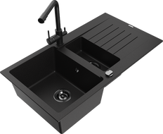 Mexen Matias гранитна мивка 1,5-коморна с дренаж и кухненски смесител Duero, черен - 6502-77-671600-70-B