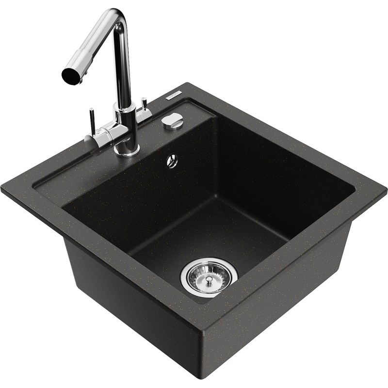 Mexen Vito гранитна кухненска мивка с една камера и смесител Duero, черен/златист металик - 6503-75-671600-00