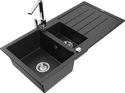 Mexen Andres гранитна мивка 1,5-камерна с дренаж и кухненски смесител Rita, черен/сребърен металик - 6515-73-670300-00