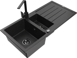 Mexen Andres гранитна мивка 1,5-камерна с отцедник и кухненски смесител Rita, черно/сребърно - 6515-73-670300-70-B