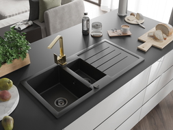 Mexen Andres гранитна мивка с 1,5 камери и отцедник и кухненски смесител Rita, черен/златен металик- 6515-75-670300-50-B