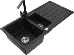 Mexen Andres гранитна мивка с 1,5 камери с отцедник и кухненски смесител Rita, черен/златен металик- 6515-75-670300-70