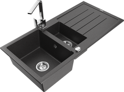 Mexen Andres гранитна мивка 1,5-коморна с отцедник и кухненски смесител Rita, черен с пръски - 6515-76-670300-00