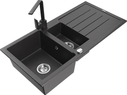 Mexen Andres гранитна кухненска мивка с 1,5 отделения с отцедник и кухненски смесител Rita, черен на капки - 6515-76-670300-76
