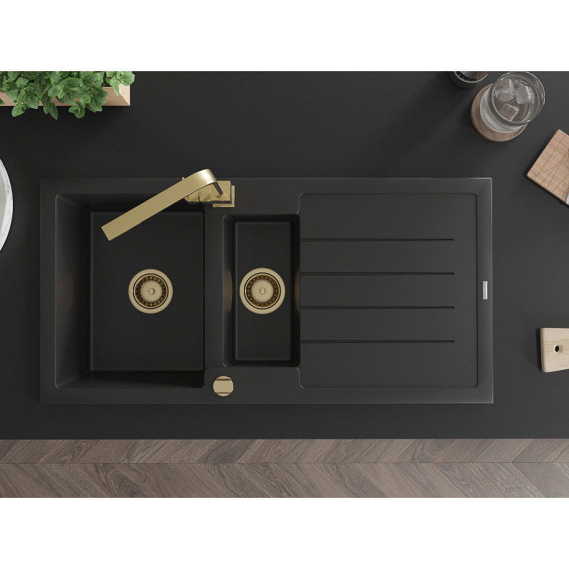Mexen Andres гранитна мивка с 1,5 камери и отцедник и кухненски смесител Rita, черен - 6515-77-670300-50