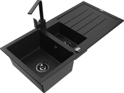 Mexen Andres гранитна мивка 1,5-коморна с отцедник и кухненски смесител Rita, черна - 6515-77-670300-70-B
