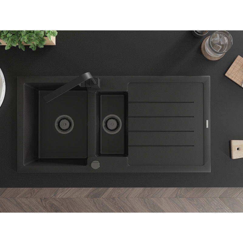 Mexen Andres гранитна мивка 1,5-коморна с отцедник и кухненски смесител Rita, черна - 6515-77-670300-70-B