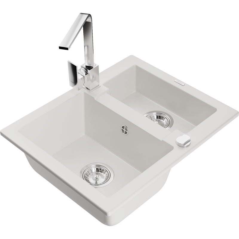 Mexen Carlos гранитна мивка 1,5-корпусна с кухненски смесител Рита, бял