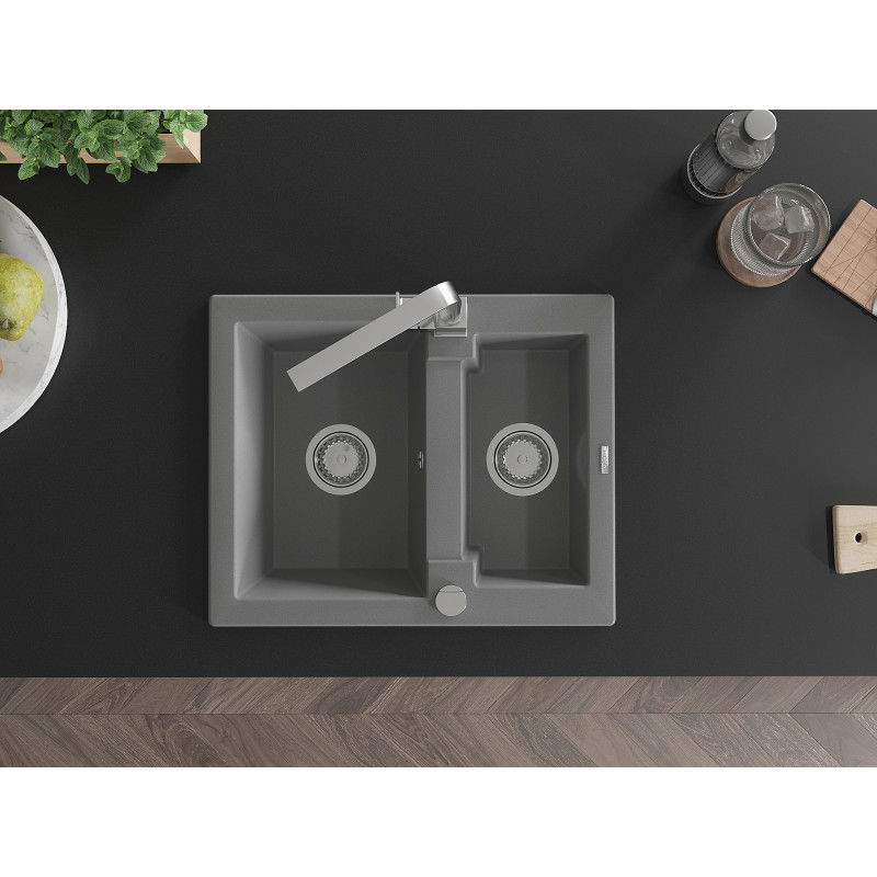 Mexen Carlos гранитна кухненска мивка с 1,5 отделения с кухненски смесител Rita, сив - 6518-71-670300-00