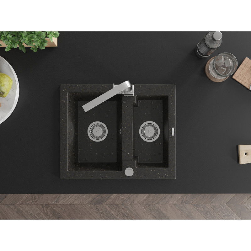 Mexen Carlos гранитна мивка с 1,5 отделения с кухненски смесител Rita, черен/златист металик - 6518-75-670300-00