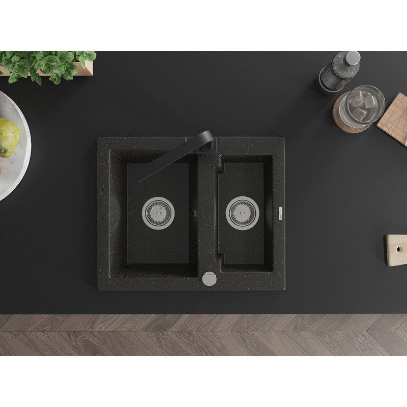 Mexen Carlos гранитна мивка 1,5-камерна с кухненски смесител Rita, черен/златист металик - 6518-75-670300-70