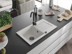 Mexen Pablo гранитна мивка с 1 отделение и отцедник с кухненски кран Telma, бял - 6510-20-670200-70
