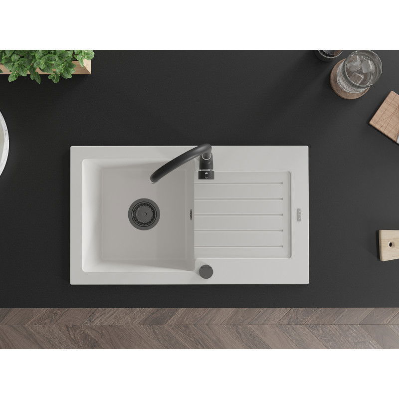 Mexen Pablo гранитна мивка с 1 отделение и отцедник с кухненски кран Telma, бял - 6510-20-670200-70