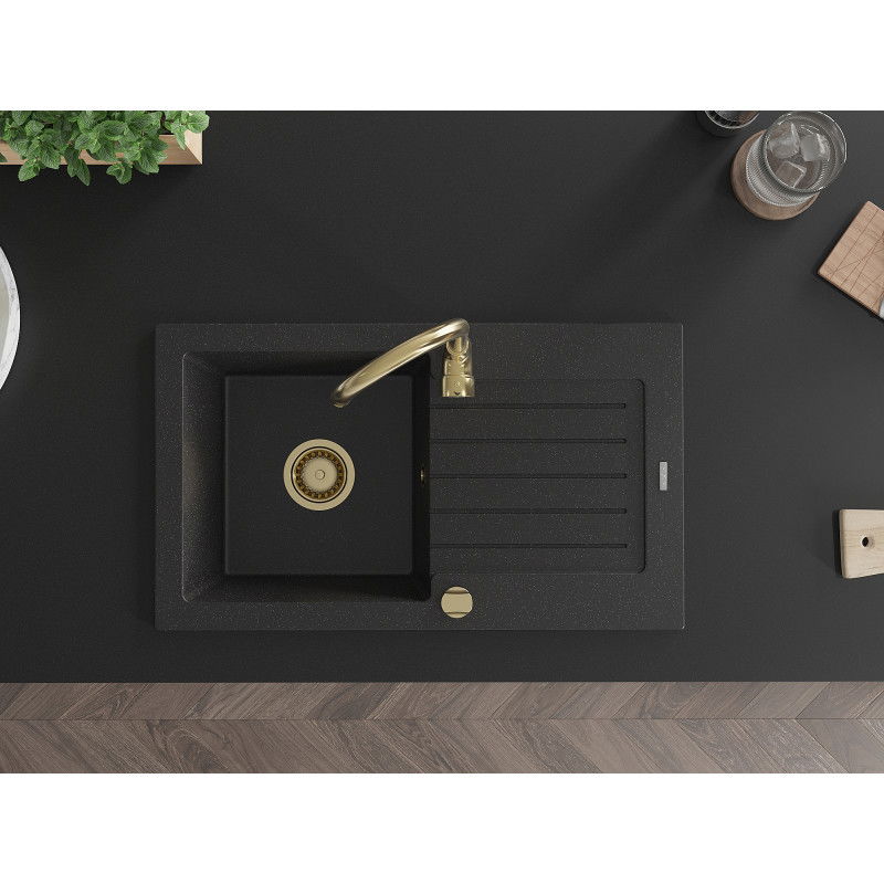 Mexen Pablo кухненска мивка от гранит с 1 отделение и отцедник и кухненски смесител Telma, черен/сребърен - 6510-73-670200-50