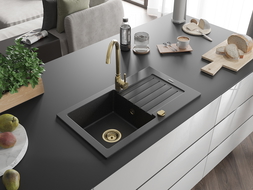 Mexen Pablo кухненска мивка от гранит с 1 отделение и отцедник и кухненски смесител Telma, черен/сребърен - 6510-73-670200-50