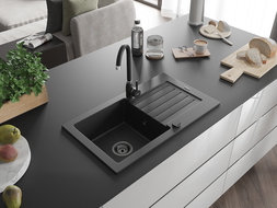 Mexen Pablo кухненска мивка от гранит с 1 отделение с отцедник и кухненски смесител Telma, черен/сребърен - 6510-73-670200-70-B