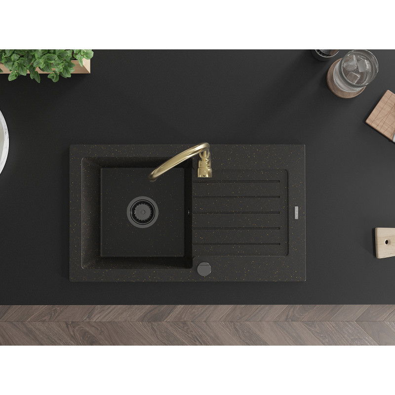 Mexen Pablo гранитна мивка с 1 корито с отцедник и кухненски смесител Telma, черен/златен - 6510-75-670200-50-B