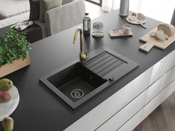 Mexen Pablo гранитна мивка с 1 корито с отцедник и кухненски смесител Telma, черен/златен - 6510-75-670200-50-B