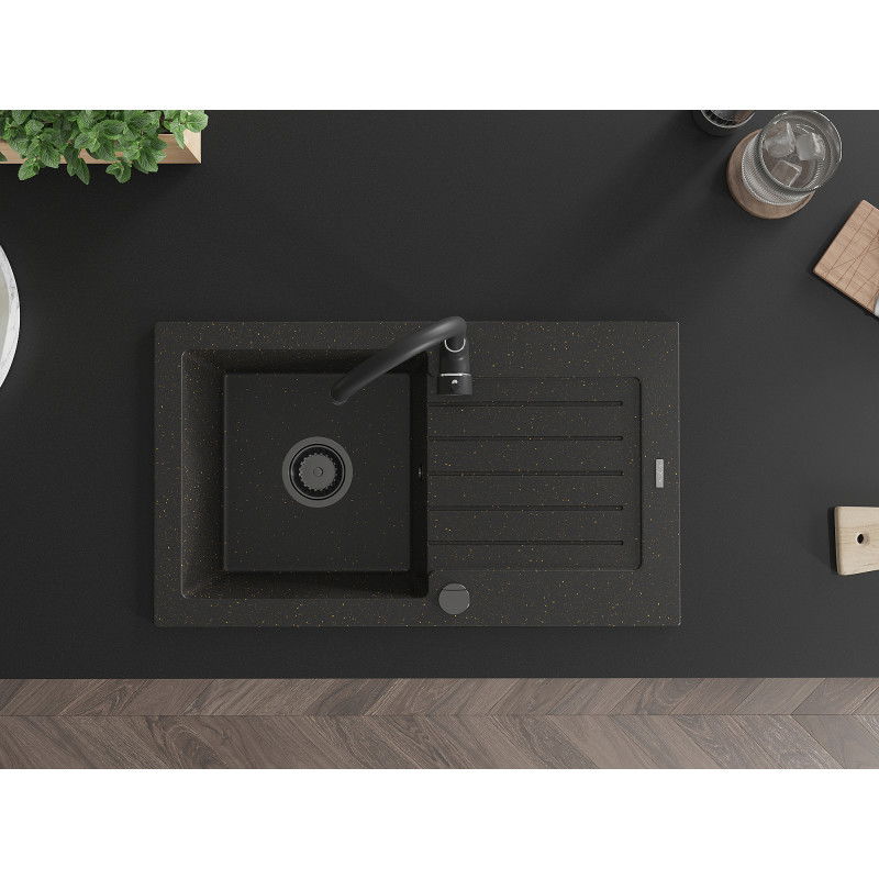 Mexen Pablo гранитна мивка с 1 гнездо и отцедник и кухненски смесител Telma, черен/златист - 6510-75-670200-70-B