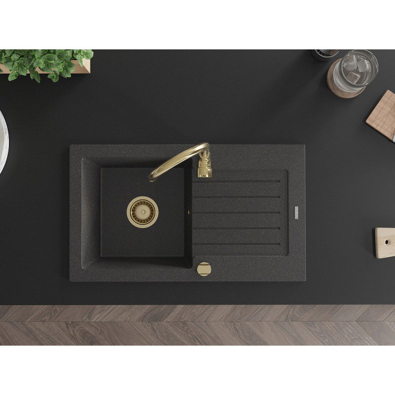 Mexen Pablo мивка от гранит 1-камерна с отцедник и кухненски смесител Telma, черно на капки - 6510-76-670200-50