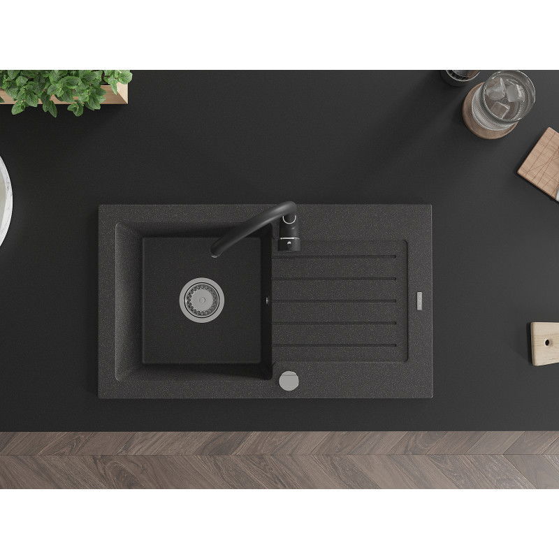 Mexen Pablo гранитна мивка с 1 корито с отцедник и кухненски смесител Telma, черен с пръски - 6510-76-670200-70