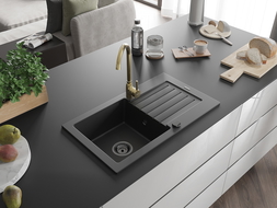 Mexen Pablo гранитна мивка за кухня с 1 камера и оттичаща повърхност и кухненски смесител Telma, черен - 6510-77-670200-50-B