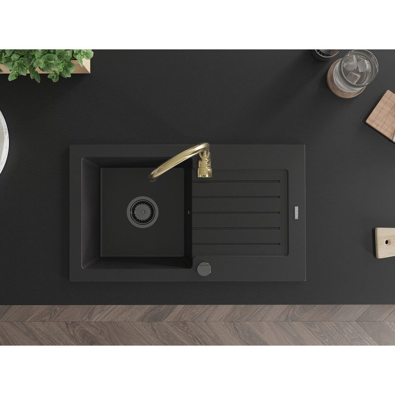 Mexen Pablo гранитна мивка за кухня с 1 камера и оттичаща повърхност и кухненски смесител Telma, черен - 6510-77-670200-50-B