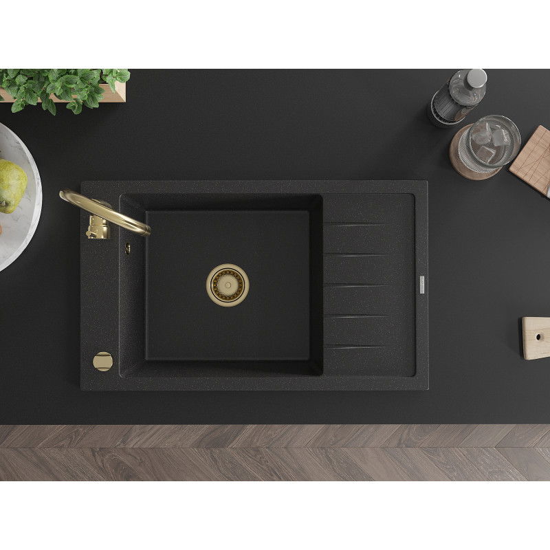 Mexen Elias гранитна мивка с 1 отделение с дъска за отцеждане и кухненски смесител Telma, черно/сребристо - 6511-73-670200-50