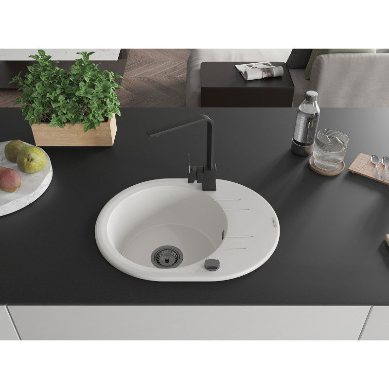Mexen Kevin гранитна мивка с 1 корито с отцедник и кухненски смесител Rita, бял - 6517-20-670300-70