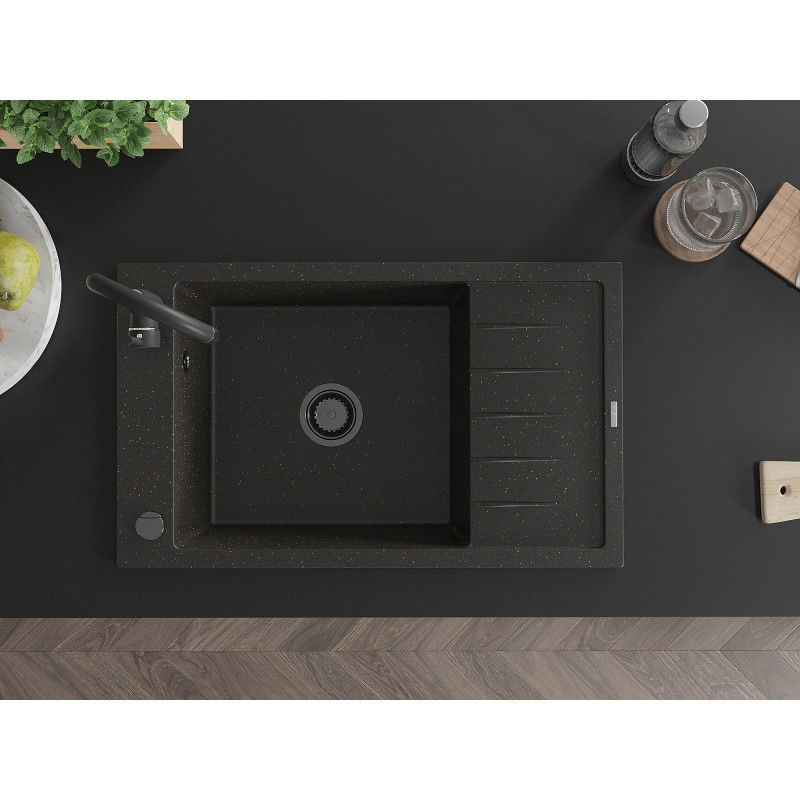 Mexen Elias гранитна мивка с 1 корито с отцедник и кухненски смесител Telma, черна/златна - 6511-75-670200-70-B