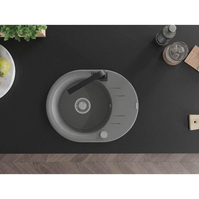 Mexen Kevin гранитна мивка с 1 отвор с странична повърхност и кухненски смесител Rita, сив - 6517-71-670300-70