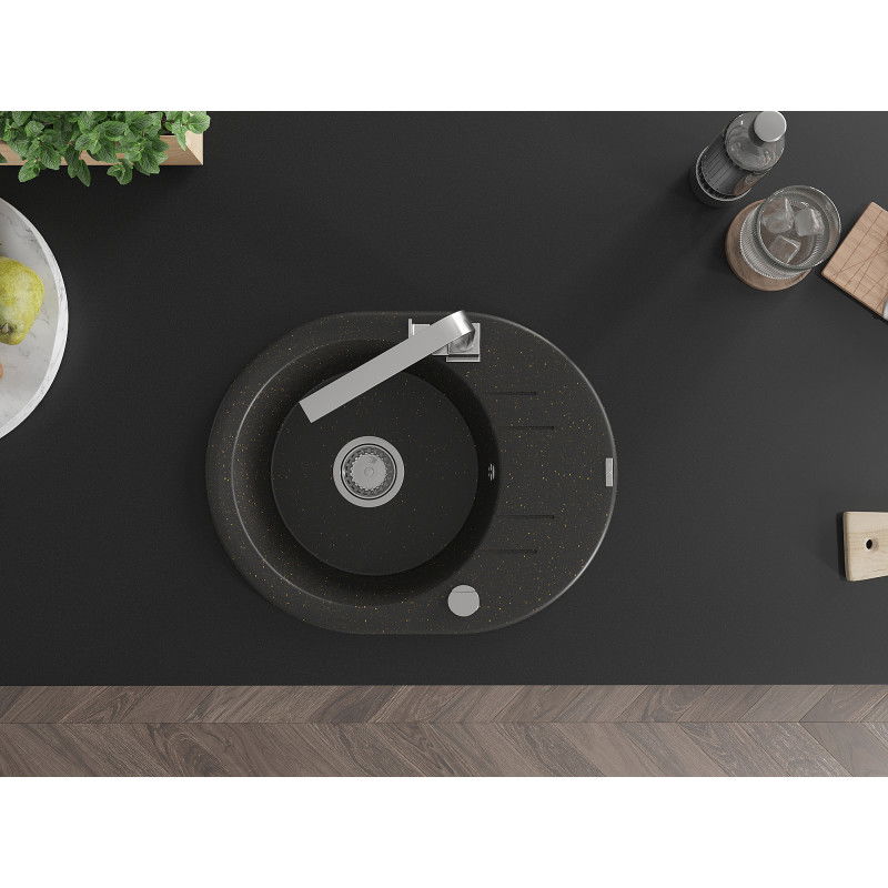 Mexen Kevin гранитна мивка с 1 корито с отцедник и кухненски смесител Rita, черно/златен металик - 6517-75-670300-00