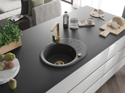 Mexen Kevin гранитна мивка с 1 отделение и отцедник и кухненски смесител Rita, черен на пръски - 6517-76-670300-50