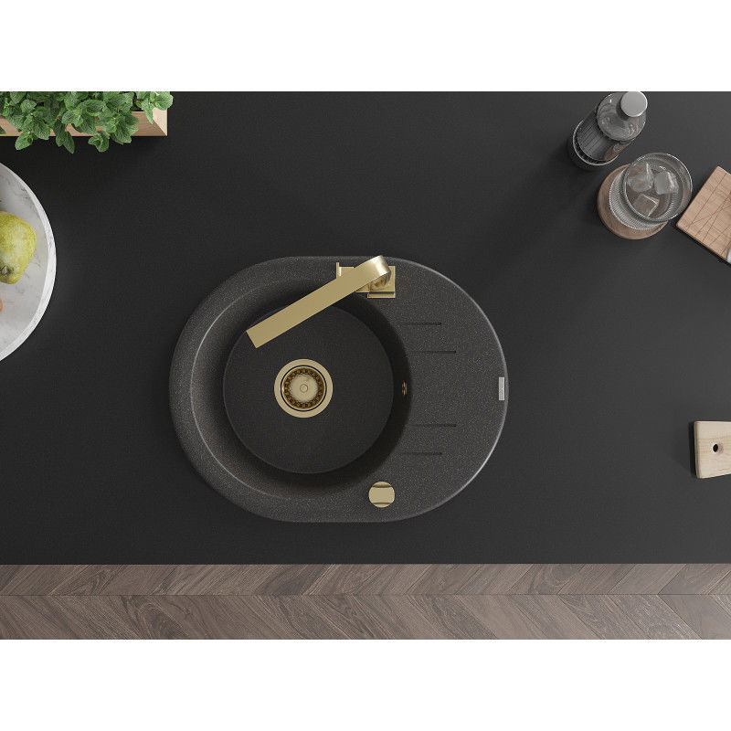 Mexen Kevin гранитна мивка с 1 отделение и отцедник и кухненски смесител Rita, черен на пръски - 6517-76-670300-50