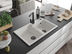 Mexen Tomas гранитна кухненска мивка с 2 отделения с кухненски смесител Rita, бял - 6516-20-670300-70