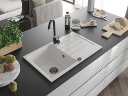 Mexen Bruno гранитна кухненска мивка с 1 камера с отцедник и кухненски смесител Telma, бял - 6513-20-670200-70