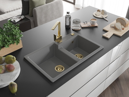 Mexen Tomas гранитна кухненска мивка с 2 камери с кухненски смесител Rita, сив - 6516-71-670300-50