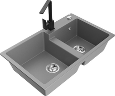 Mexen Tomas гранитна мивка с 2 камери с кухненски смесител Rita, сив - 6516-71-670300-70