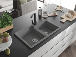 Mexen Tomas гранитна мивка с 2 камери с кухненски смесител Rita, сив - 6516-71-670300-70