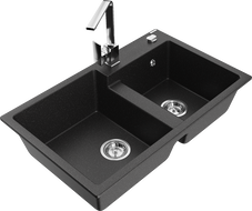 Mexen Tomas двукоморна гранитна мивка с кухненски смесител Rita, черен/сребърен металик - 6516-73-670300-00