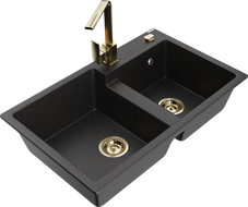 Mexen Tomas гранитна мивка с 2 камери с кухненски смесител Rita, черно/сребърен металик - 6516-73-670300-50