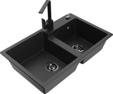 Mexen Tomas гранитна кухненска мивка с 2 отделения с кухненски смесител Rita, черен/сребърен металик - 6516-73-670300-70-B