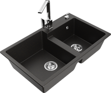 Mexen Tomas гранитна мивка с 2 камери и кухненски смесител Rita, черен/златист металик - 6516-75-670300-00