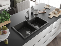 Mexen Tomas гранитна мивка с 2 камери и кухненски смесител Rita, черен/златист металик - 6516-75-670300-00