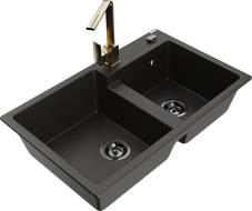Mexen Tomas кухненска мивка от гранит с 2 камери и кухненски смесител Rita, черен/златен металик - 6516-75-670300-50-B