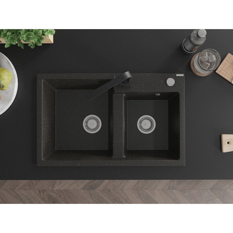 Mexen Tomas гранитна мивка с 2 камери и кухненски смесител Rita, черен/златен металик - 6516-75-670300-70