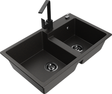 Mexen Tomas гранитна мивка с 2 камери и кухненски смесител Rita, черен/златен металик - 6516-75-670300-70-B